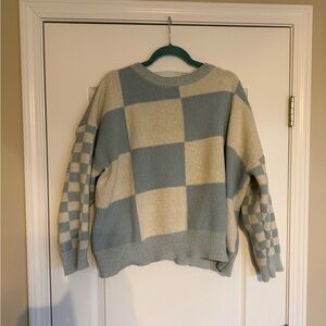 Checkerboard Knit Sweater in Light Blue and Cream